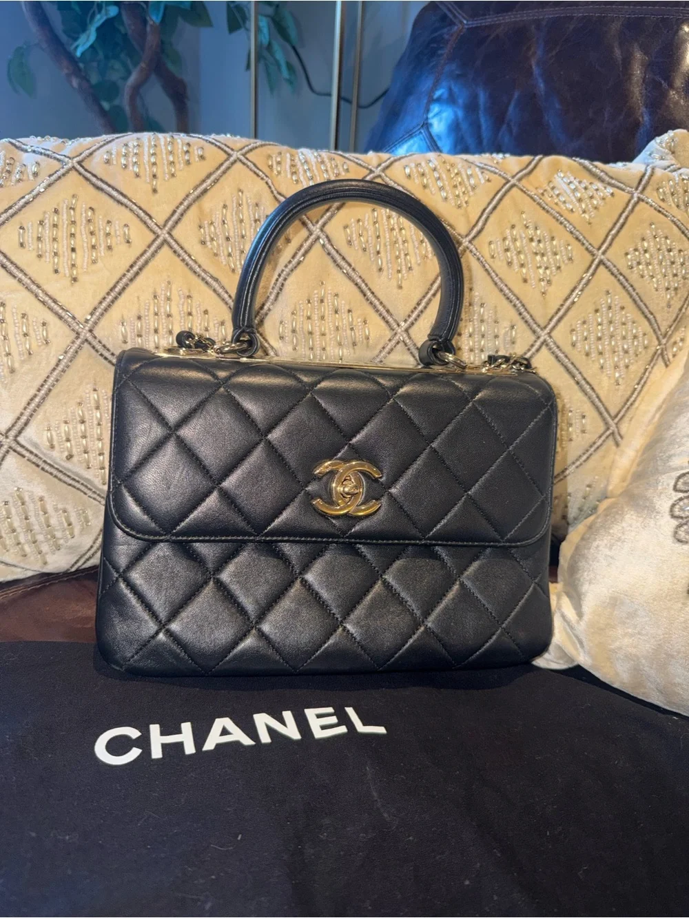 CHANEL Black Quilted Leather Top-Handle & Chain Shoulder Bag